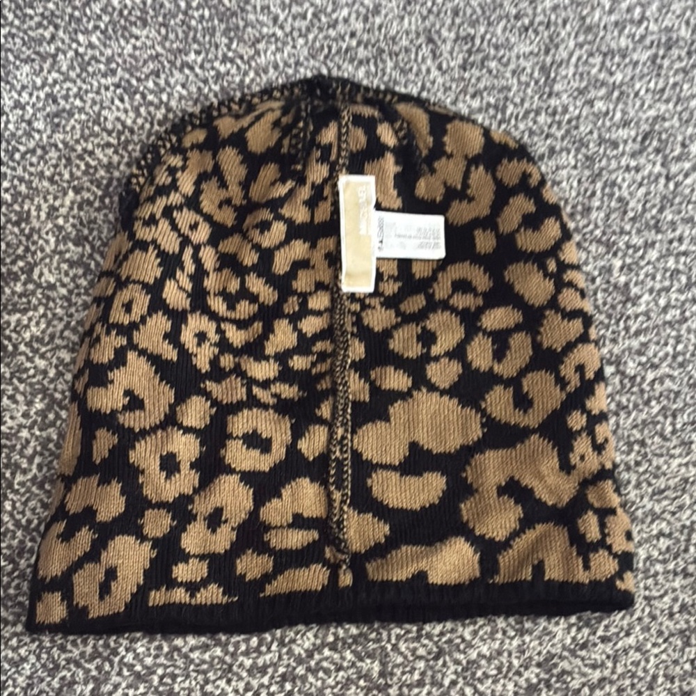 Michael Kors Leopard Print Knit Beanie in Tan and Black - Picture 7 of 8